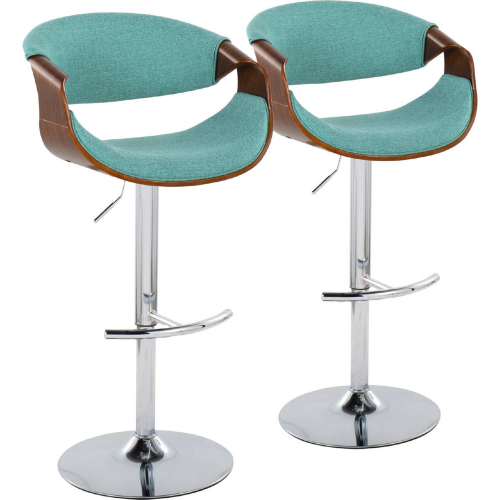 Curvo Adjustable Swivel Bar Stool in Chrome, Walnut Wood & Teal Fabric (Set of 2)